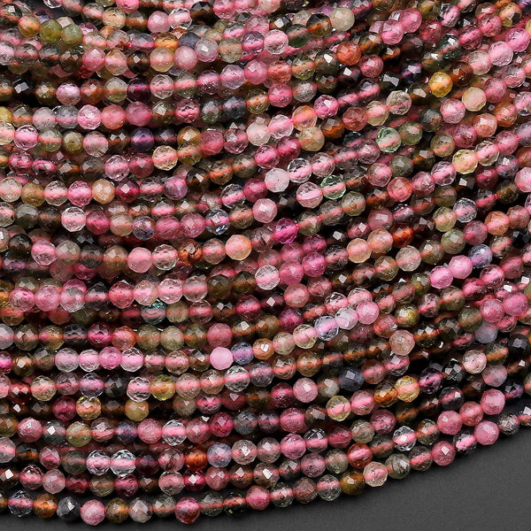 Faceted Translucent Natural Pink Green Tourmaline 2mm Round Beads Gemstone 15.5" Strand