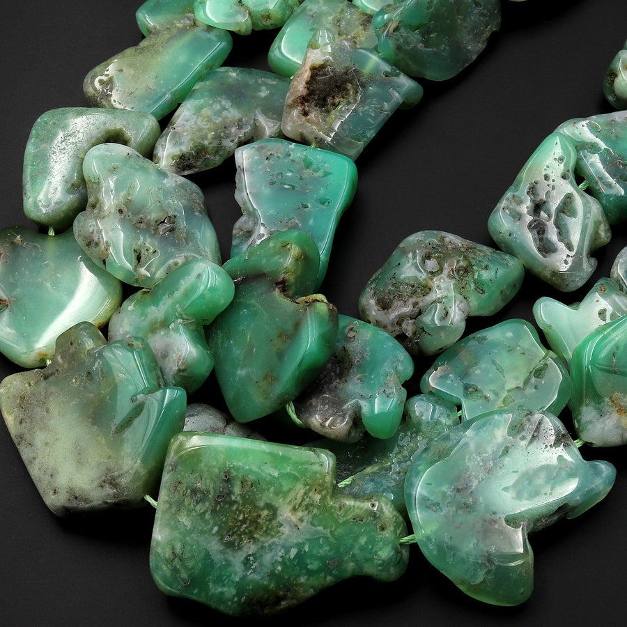 Large Natural Australian Juicy Green Chrysoprase Nugget Freeform Focal Beads Pendant 15.5" Strand