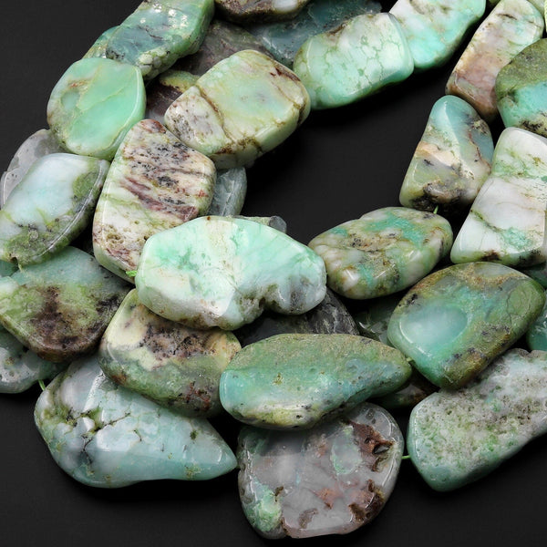 Large Chunky Natural Australian Green Brown Chrysoprase Slice Freeform Focal Beads Pendant 15.5" Strand