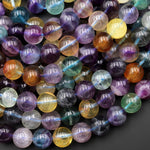 AAA Natural Rainbow Fluorite Beads Smooth 8mm 10mm 12mm Vibrant Purple Green Yellow Gemstone 15.5" Strand