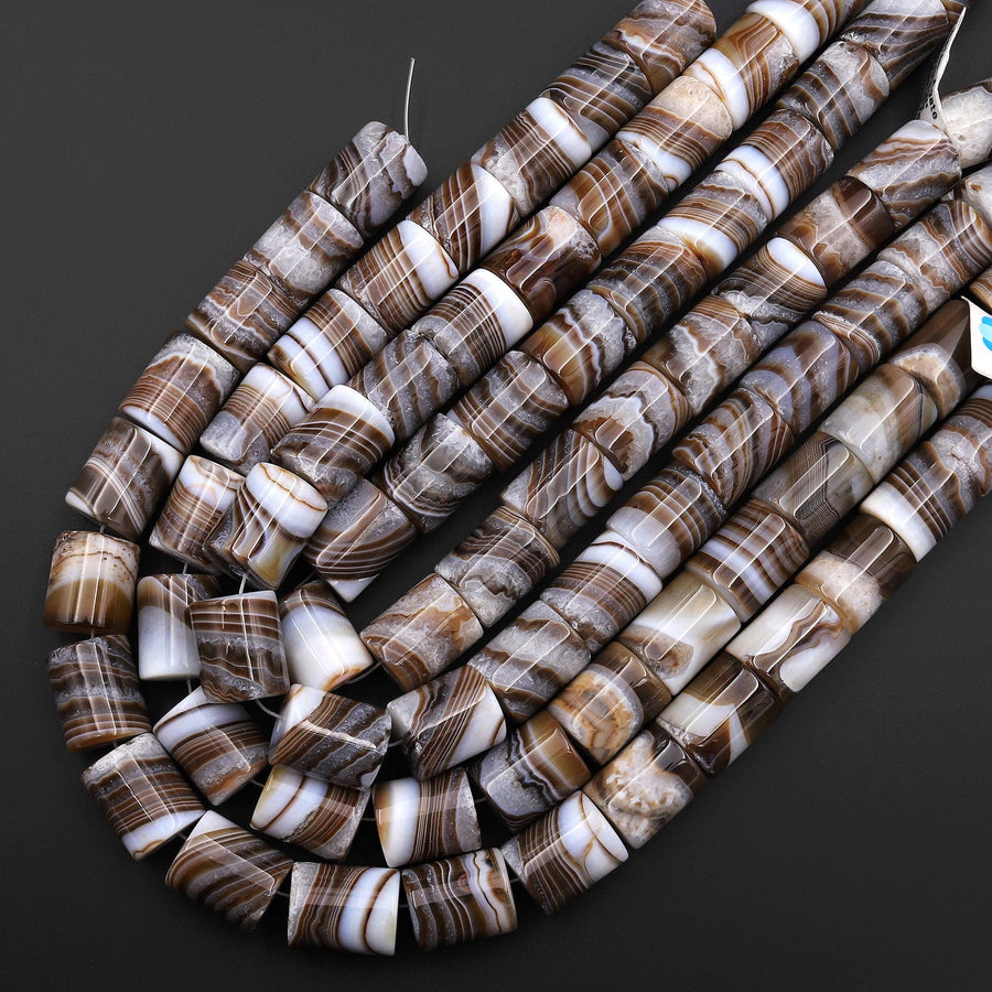 AAA Large Natural Tibetan Agate Beads Smooth Cylinder Tube Amazing Caramel Brown Veins Bands Stripes 15.5" Strand