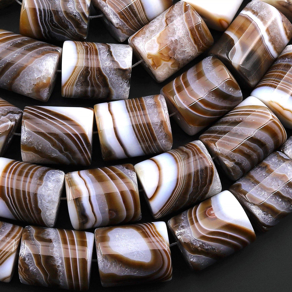 AAA Large Natural Tibetan Agate Beads Smooth Cylinder Tube Amazing Caramel Brown Veins Bands Stripes 15.5" Strand
