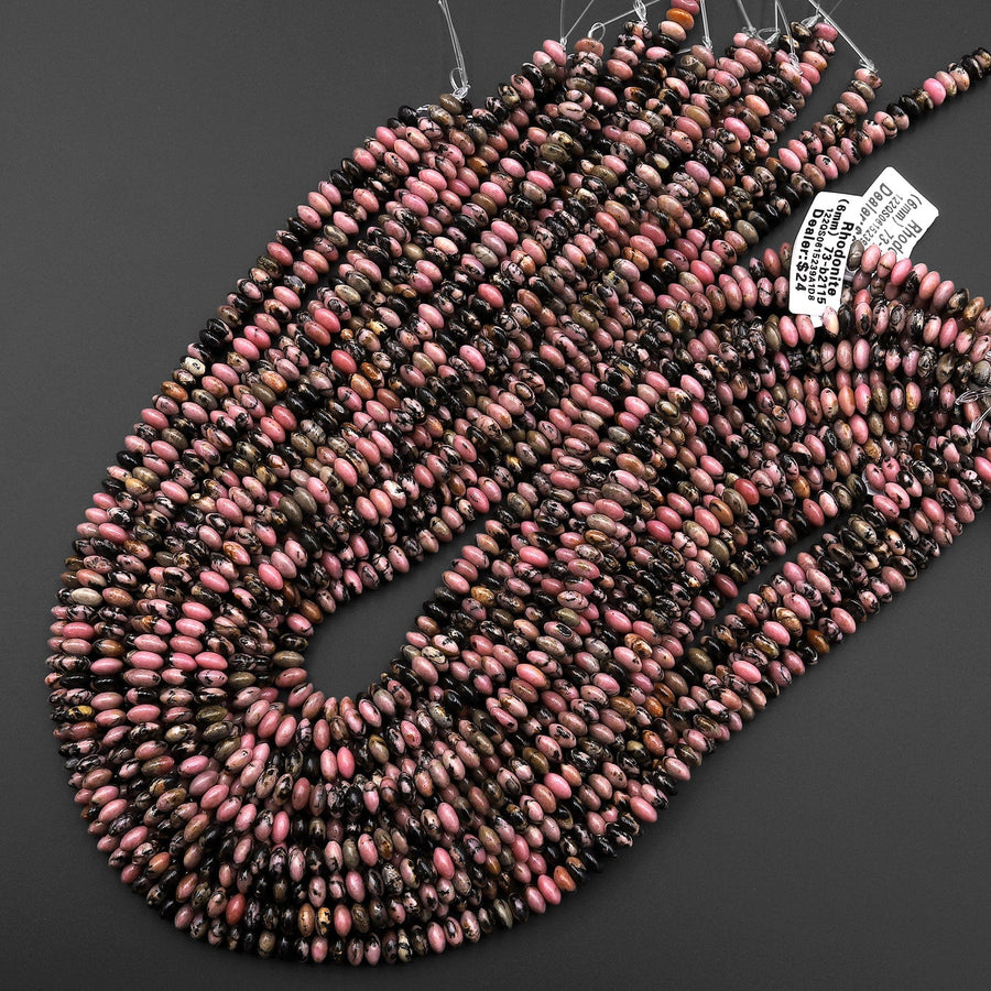 AAA Natural Pink Rhodonite Beads 6mm Smooth Thin Rondelle Earthy Pink Interesting Black Matrix Beads 15.5" Strand