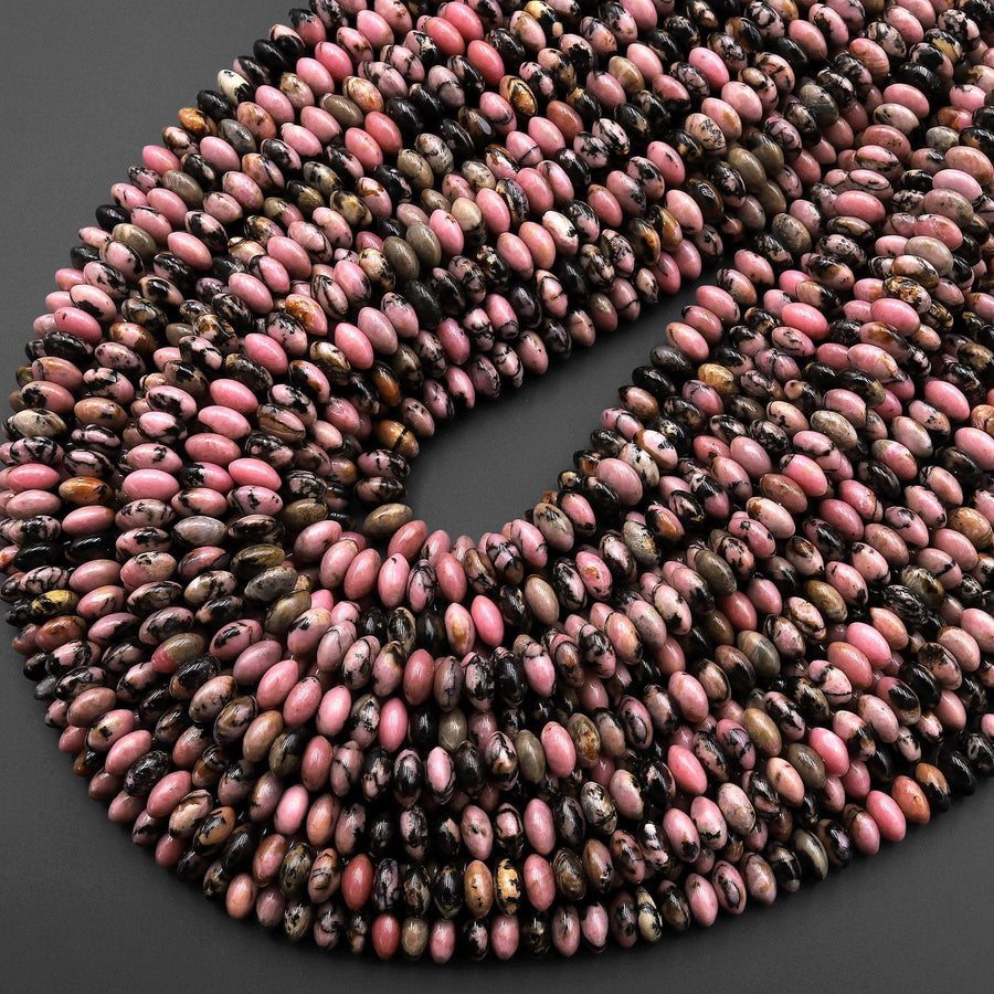 AAA Natural Pink Rhodonite Beads 6mm Smooth Thin Rondelle Earthy Pink Interesting Black Matrix Beads 15.5" Strand