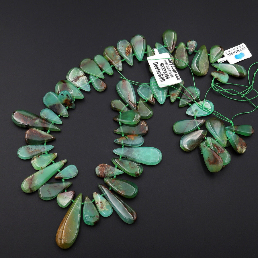 Natural Australian Brown Green Chrysoprase Teardrop Beads Focal Pendant Side Drilled Gemstone 15.5" Strand