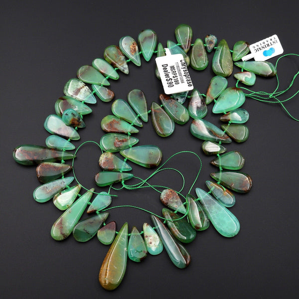 Natural Australian Brown Green Chrysoprase Teardrop Beads Focal Pendant Side Drilled Gemstone 15.5" Strand