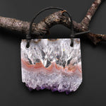 2 Hole Pendant Natural Peach Pink Purple Amethyst Stalactite Druzy Pendant Drilled Flat Slice Long Rectangle