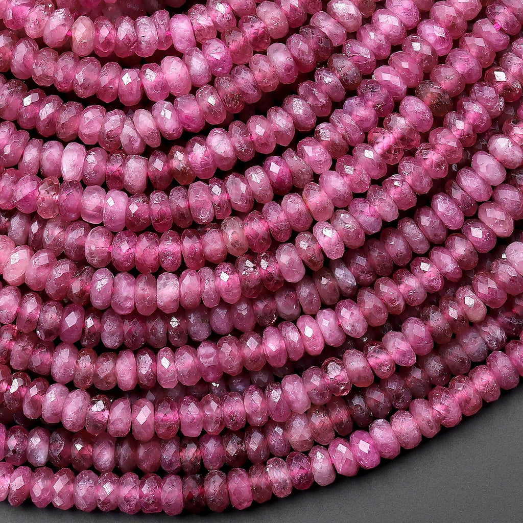 Faceted Natural Pink Tourmaline Thin Rondelle 4mm Beads Diamond Cut Gemstone 15.5" Strand