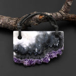 2 Hole Pendant Natural Purple Green Amethyst Stalactite Druzy Pendant Drilled Flat Slice Long Rectangle
