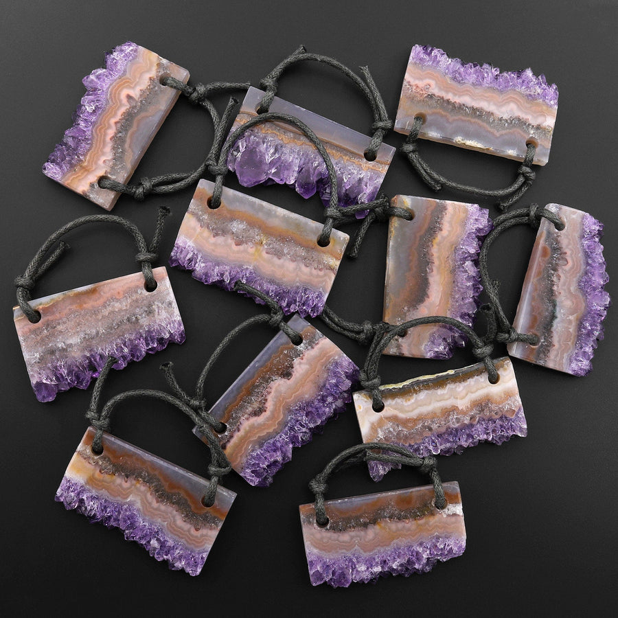 2 Hole Pendant Natural Peach Orange Purple Amethyst Stalactite Druzy Pendant Drilled Flat Slice Long Rectangle