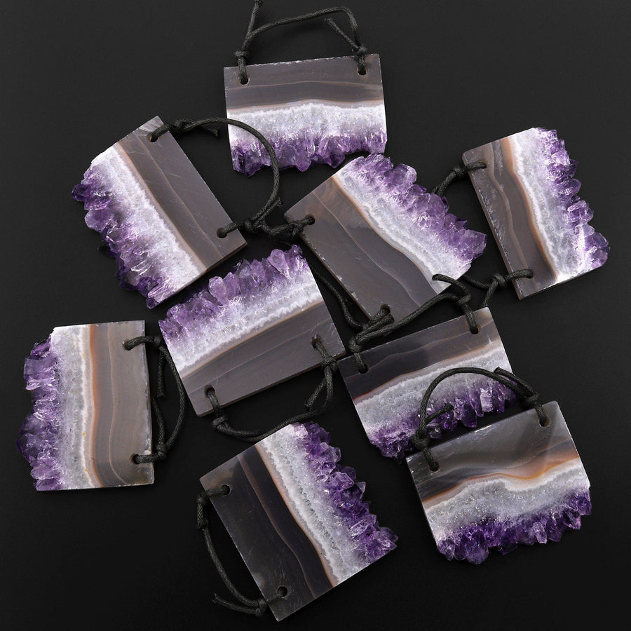 2 Hole Pendant Natural Smoky Quartz White Purple Amethyst Stalactite Druzy Pendant Drilled Flat Slice Long Rectangle