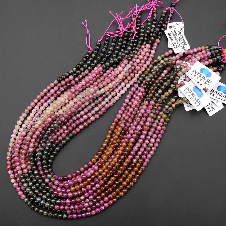 AAA Natural Multicolor Pink Green Golden Yellow Tourmaline 4mm Smooth Round Beads 15.5" Strand