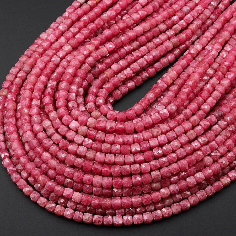 AAA Faceted Natural Pink Red Thulite 4mm Cube Beads Diamond Cut Gemstone From Norway 15.5" Strand