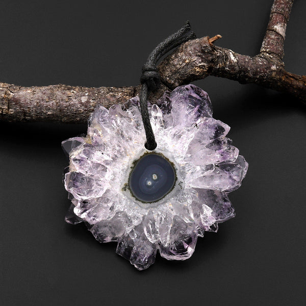 Natural Amethyst Stalactite Flower Pendant Flat Slice Freeform One of a Kind P0110