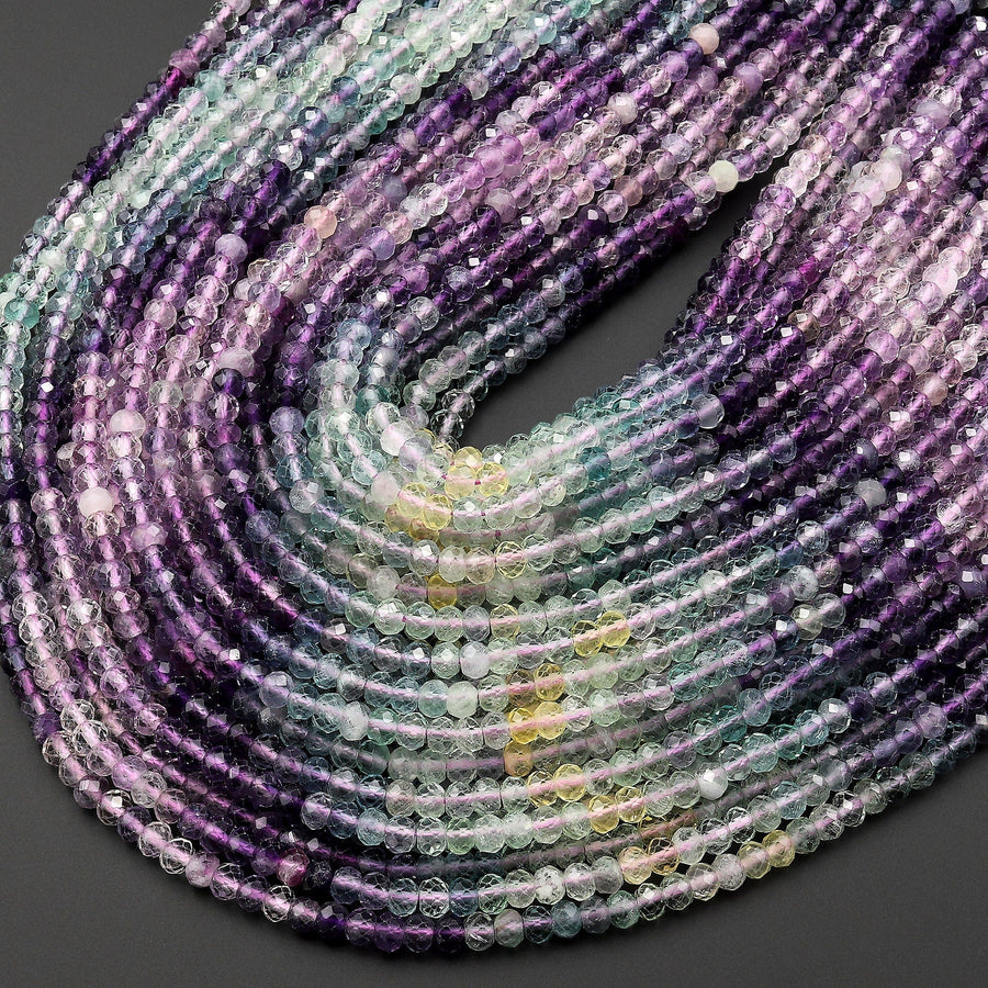 AAA Natural Multicolor Fluorite Faceted 4mm Rondelle Beads Micro Laser Cut Purple Green Yellow Gemstone 15.5" Strand