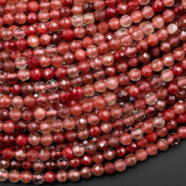Faceted Rare Natural Red Lazasine (Andesine-Red Labradorite) 3mm 4mm Round Beads 15.5" Strand