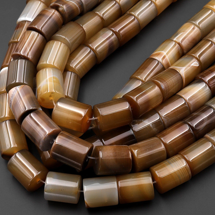 Large Natural Tibetan Agate Beads Smooth Cylinder Tube Translucent Brown Gemstone 15.5" Strand