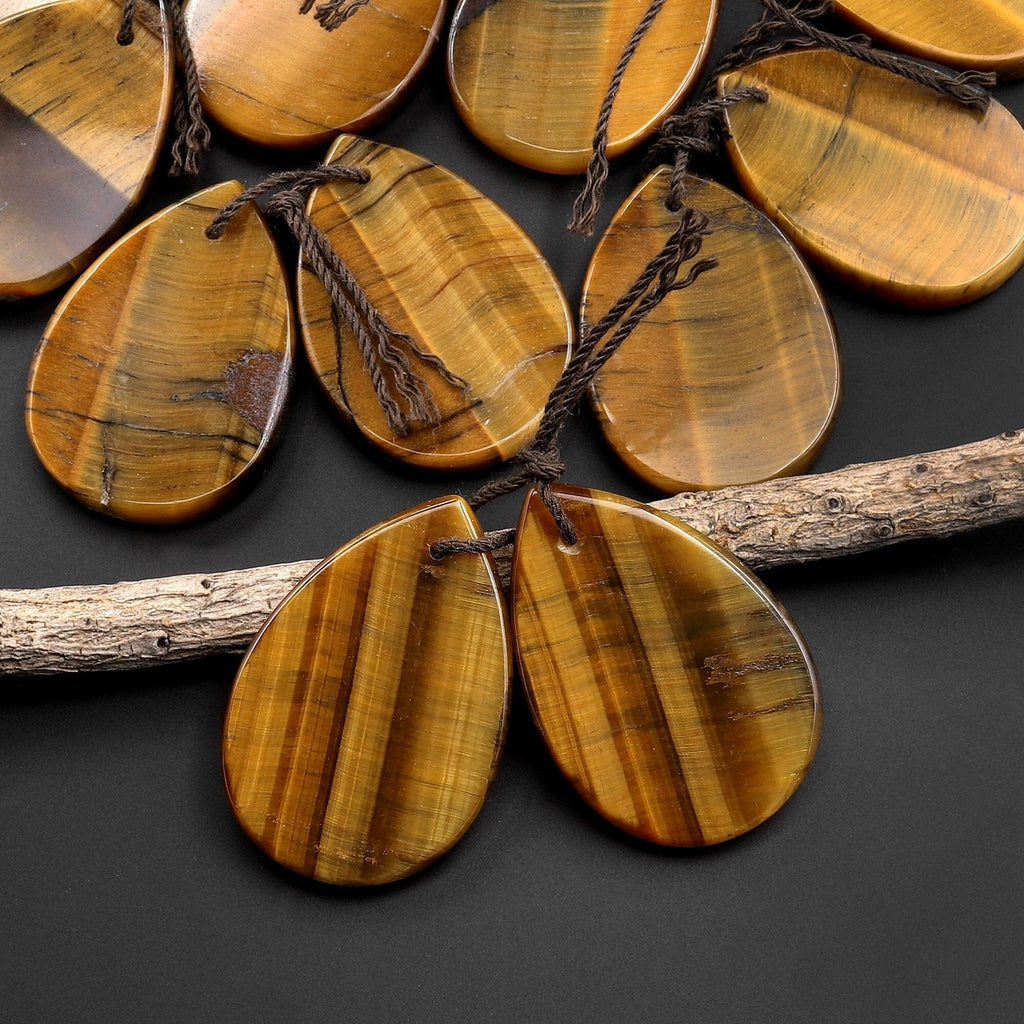 Natural Tiger Eye Earring Pair Flat Teardrop Cabochon Cab Pair Drilled Matched Earrings Bead Pair