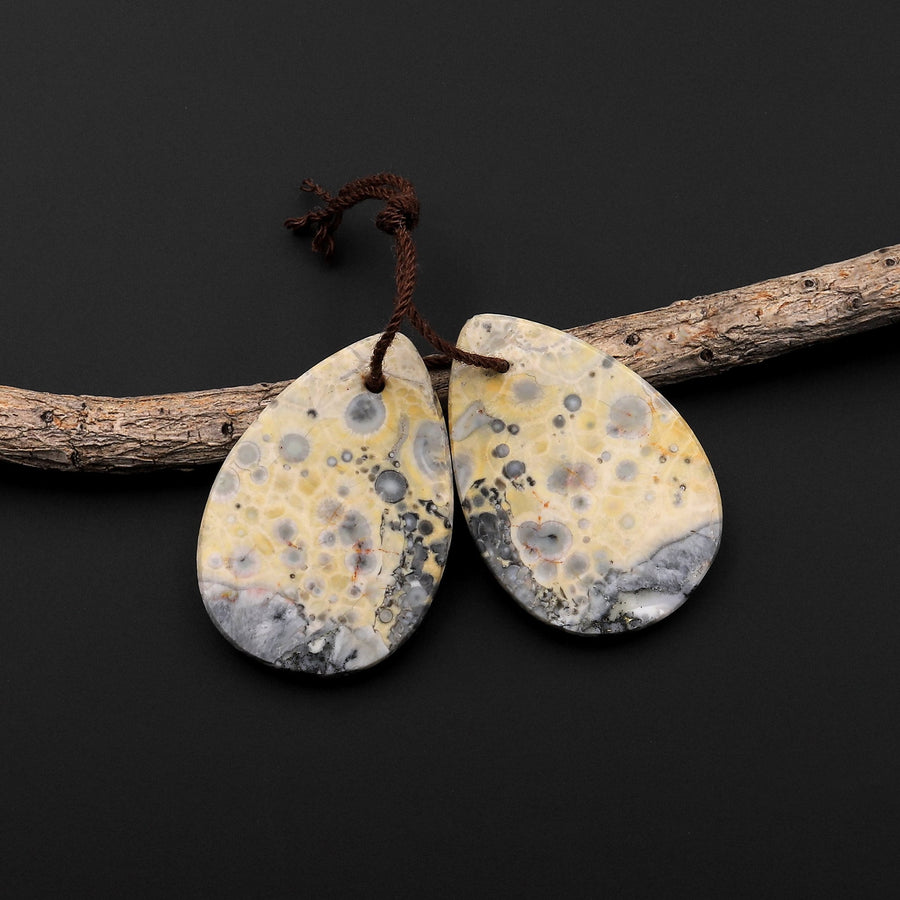 Natural Yellow Galaxy Jasper Earring Pair Teardrop Cabochon Pair Drilled Matched Gemstone Beads