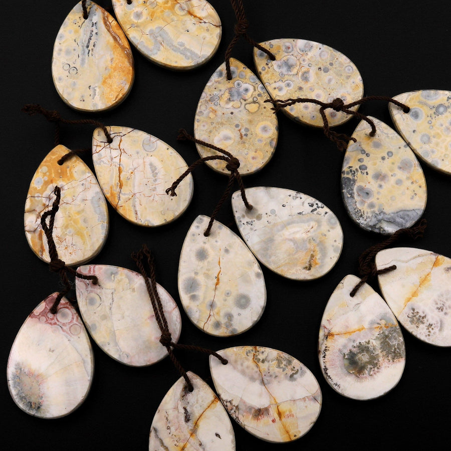 Natural Yellow Galaxy Jasper Earring Pair Teardrop Cabochon Pair Drilled Matched Gemstone Beads