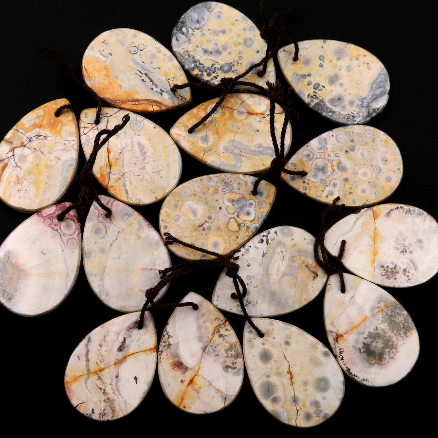 Natural Yellow Galaxy Jasper Earring Pair Teardrop Cabochon Pair Drilled Matched Gemstone Beads