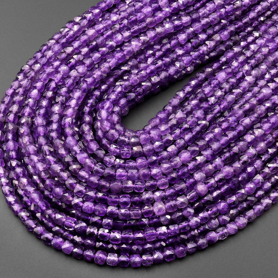 AAA Natural Purple Amethyst 4mm Faceted Cube Square Dice Beads 15.5" Strand