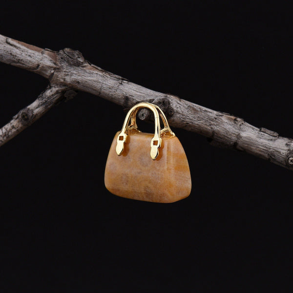 Hand Carved Natural Indonesian Fossil Coral Focal Pendant Bead Purse Miniature Handbag Style OP0001