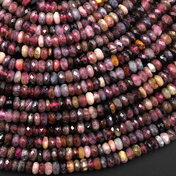 Faceted Natural Multicolor Tourmaline Rondelle Beads 4mm Gemstone Earthy Pink Purple 15.5" Strand