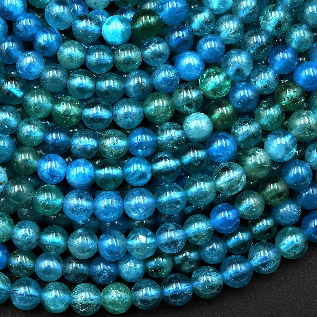 AAA Translucent Natural Teal Blue Green Apatite 5mm 6mm Smooth Round Beads 15.5" Strand