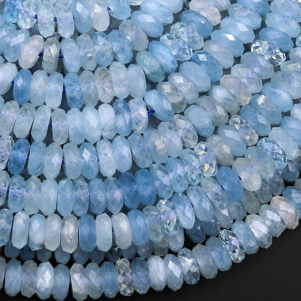 AAA Extra Translucent Large Natural Blue Aquamarine Faceted Rondelle Beads 8mm 10mm 15.5" Strand