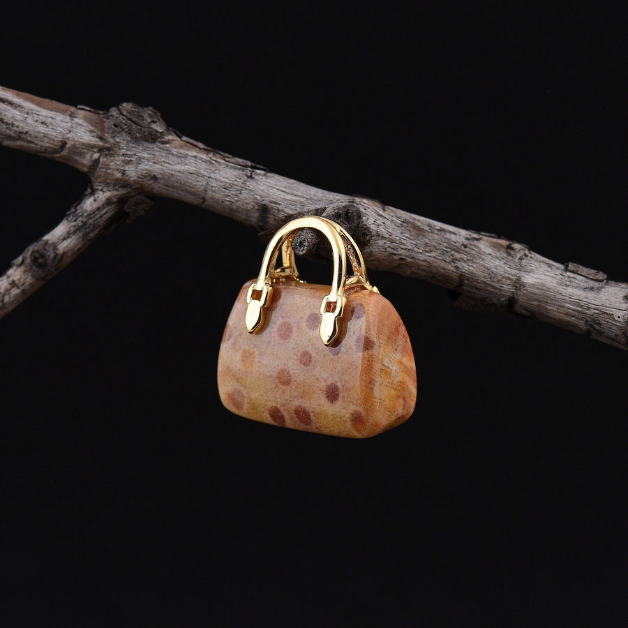 Hand Carved Natural Indonesian Fossil Coral Focal Pendant Bead Purse Miniature Handbag Style OP0015