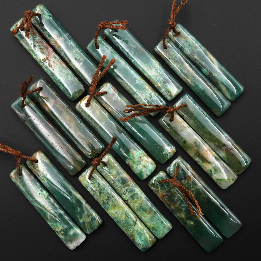 Natural Green Jade Earring Pair Slender Rectangle Cabochon Cab Pair Matched Gemstone Earrings Bead Pair