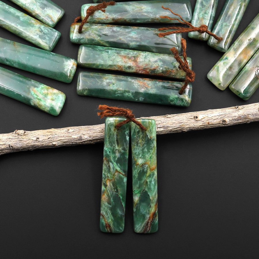 Natural Green Jade Earring Pair Slender Rectangle Cabochon Cab Pair Matched Gemstone Earrings Bead Pair A1