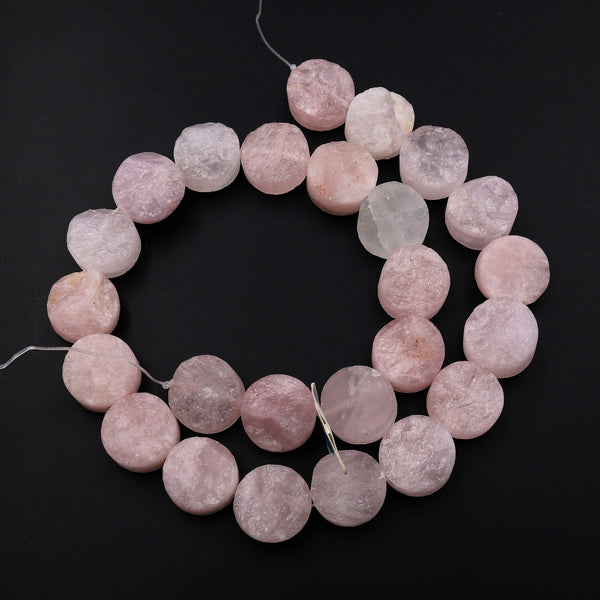 Natural Rose Quartz Druzy 16mm Coin Beads Raw Rough Gemstone Disc Circle Beads 15.5" Strand