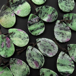 Natural Pink Ruby Green Zoisite Flat Teardrop Drilled Matched Earrings Bead Pair