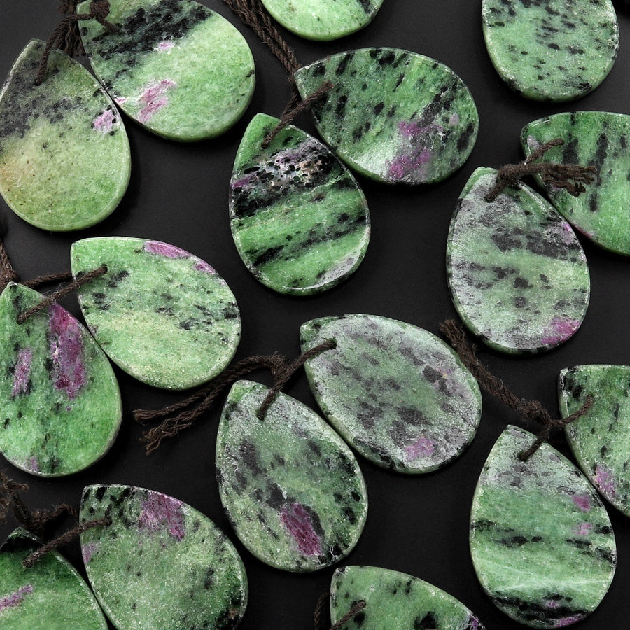 Natural Pink Ruby Green Zoisite Flat Teardrop Drilled Matched Earrings Bead Pair