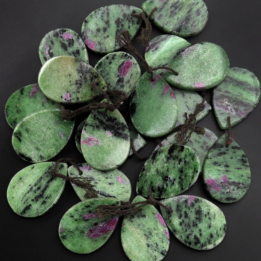 Natural Pink Ruby Green Zoisite Flat Teardrop Drilled Matched Earrings Bead Pair