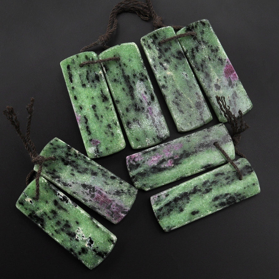 Natural Pink Ruby Green Zoisite Flat Rectangle Drilled Matched Earrings Bead Pair