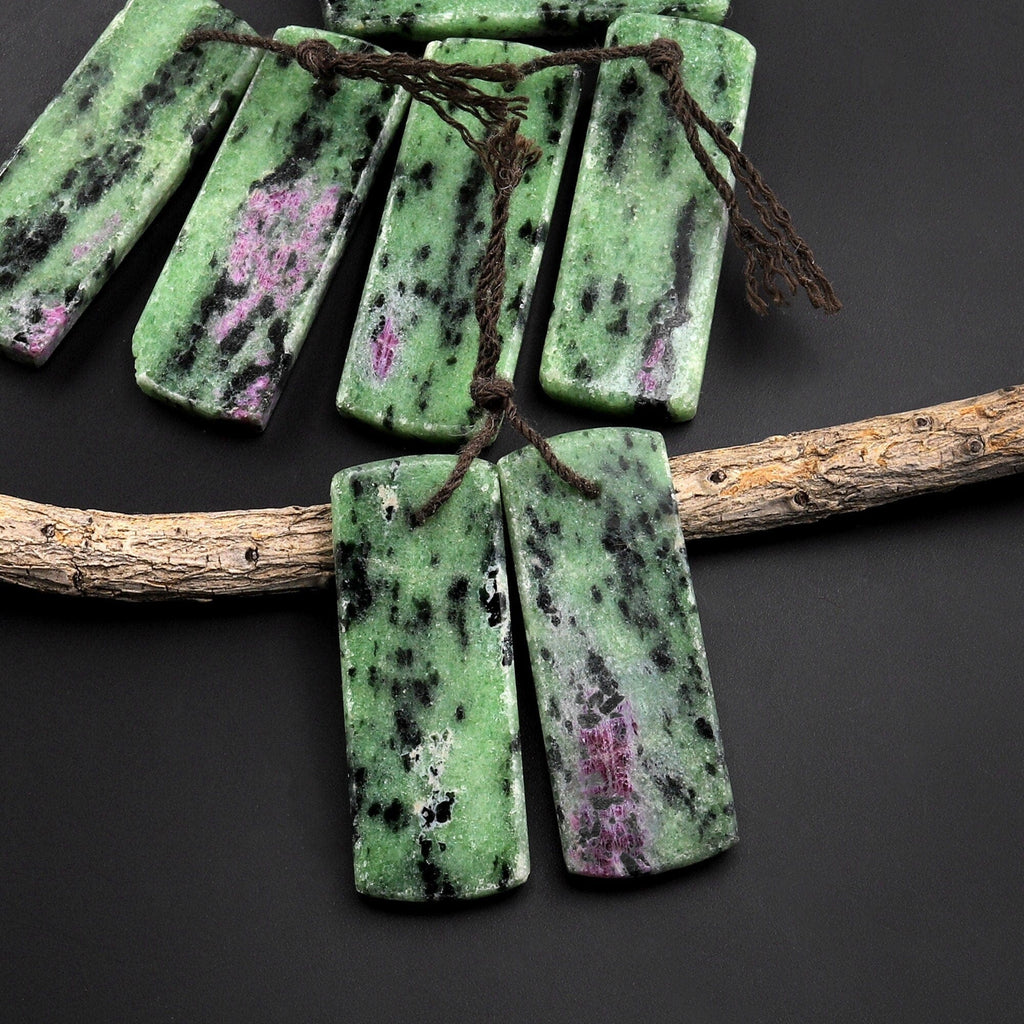 Natural Pink Ruby Green Zoisite Flat Rectangle Drilled Matched Earrings Bead Pair
