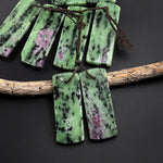 Natural Pink Ruby Green Zoisite Flat Rectangle Drilled Matched Earrings Bead Pair