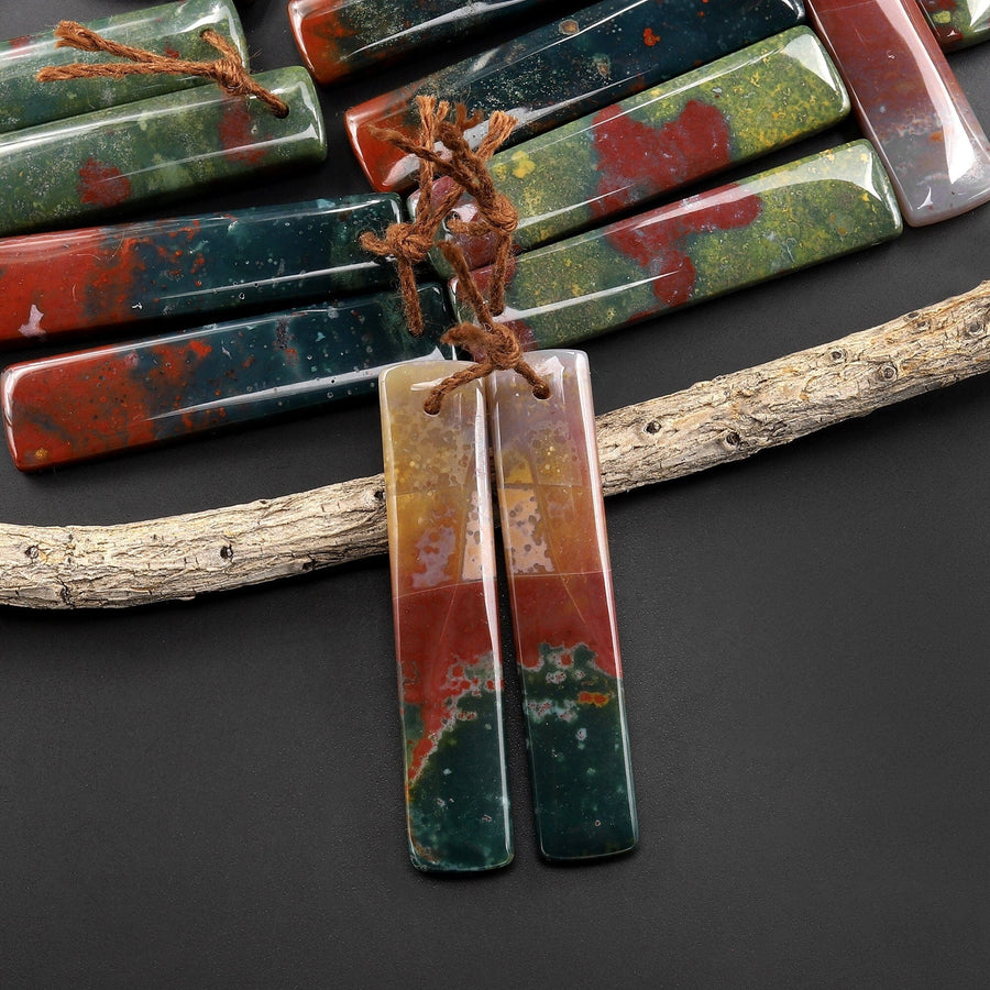 Natural Indian Bloodstone Rectangle Cabochon Cab Pair Matched Gemstone Earrings Beads