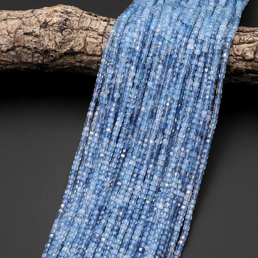 AAA Natural Blue Aquamarine Faceted 3mm Cube Beads Micro Faceted Laser Diamond Cut 15.5" Strand