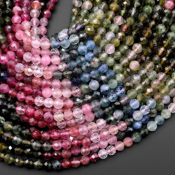 AAA Natural Tourmaline Micro Faceted 4mm Round Multicolor Pink Green Blue Gemstone Beads 15.5" Strand