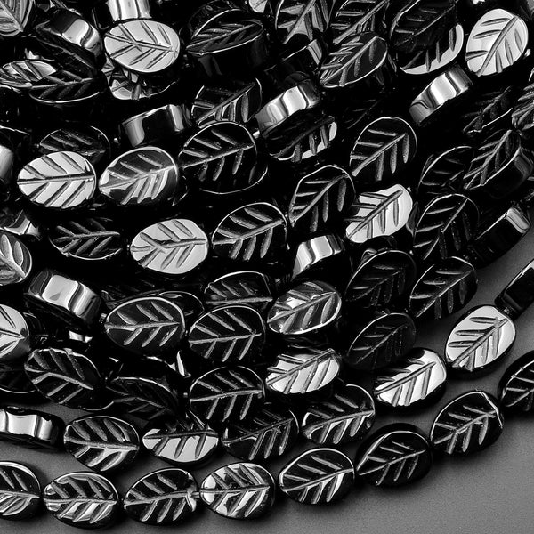 Natural Black Onyx Hand Carved Leaf Gemstone Beads 15.5" Strand