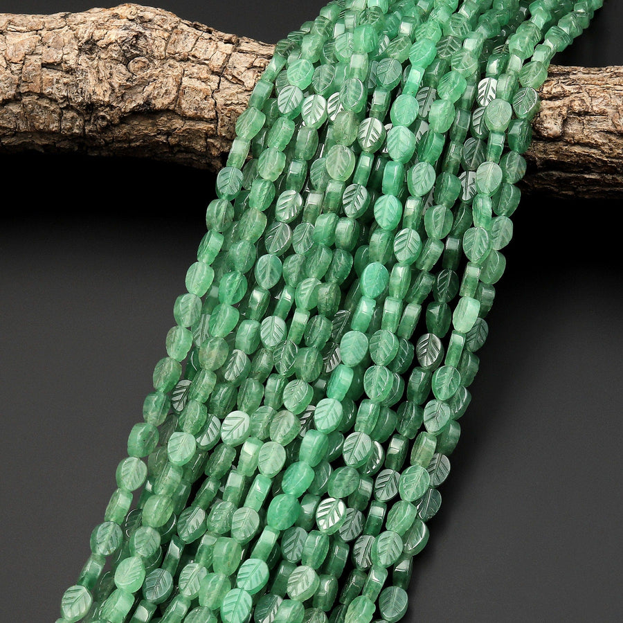 Natural Green Aventurine Hand Carved Leaf Gemstone Beads 15.5" Strand