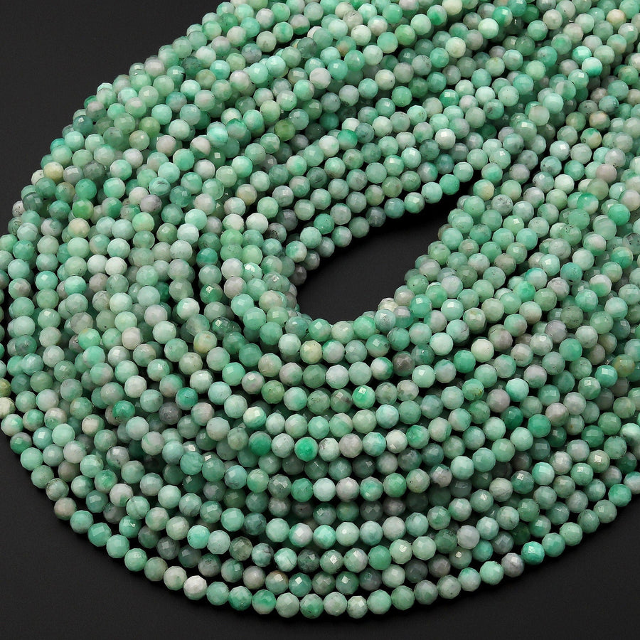 Real Genuine Natural Colombia Soft Green Emerald Gemstone Faceted 4mm Round Beads Laser Diamond Cut Gemstone May Birthstone 15.5" Strand