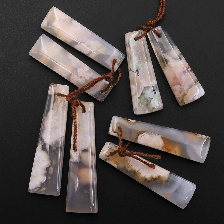 Natural Cherry Blossom Agate Earring Pair Drilled Matched Small Trapezoid Pair Aka Flower Agate