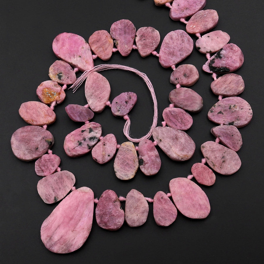 Real Genuine Natural Red Pink Ruby Gemstone Large Flat Freeform Teardrop Slice Pendant Beads 15.5" Strand