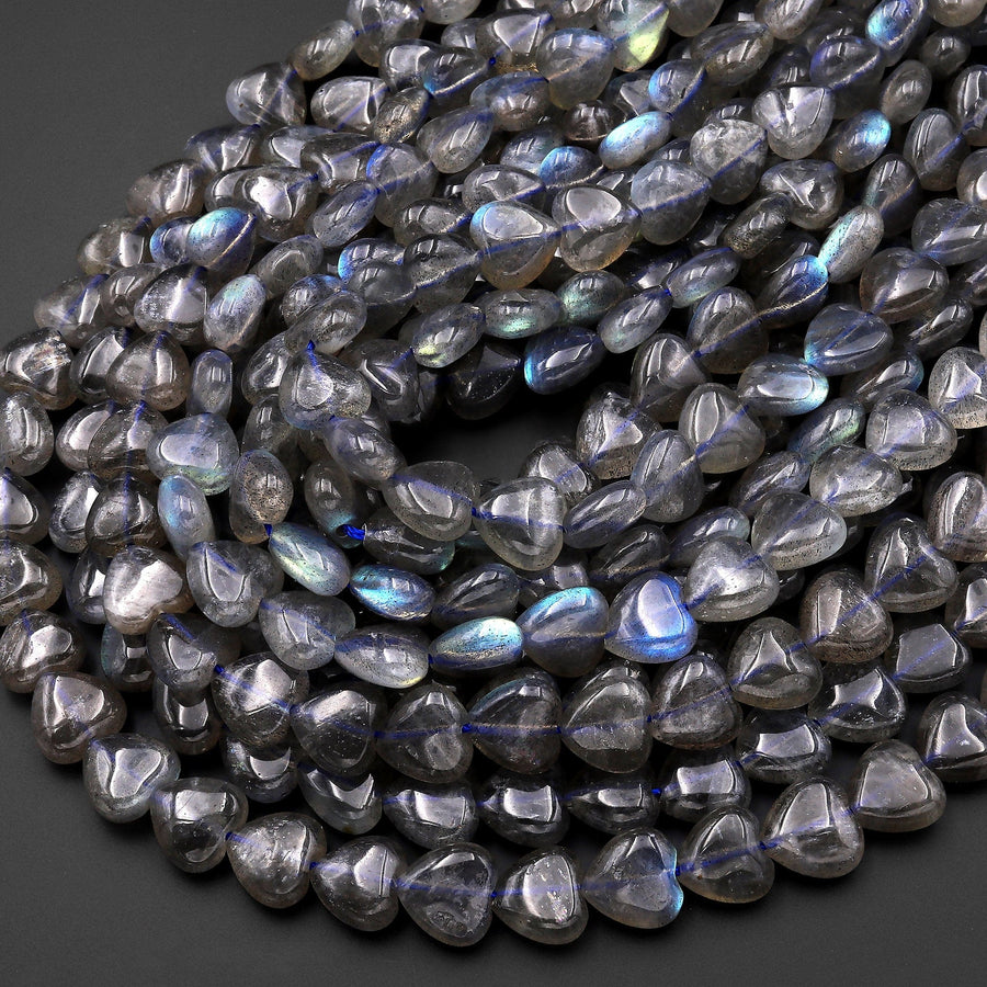 AAA Natural Labradorite Smooth Heart Beads 8mm 10mm Veritically Drilled Gemstone 15.5" Strand