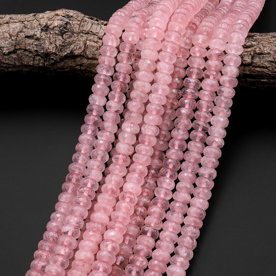 AAA Faceted Gemmy Large Natural Pink Rose Quartz Rondelle Beads 10mm 12mm 15.5" Strand